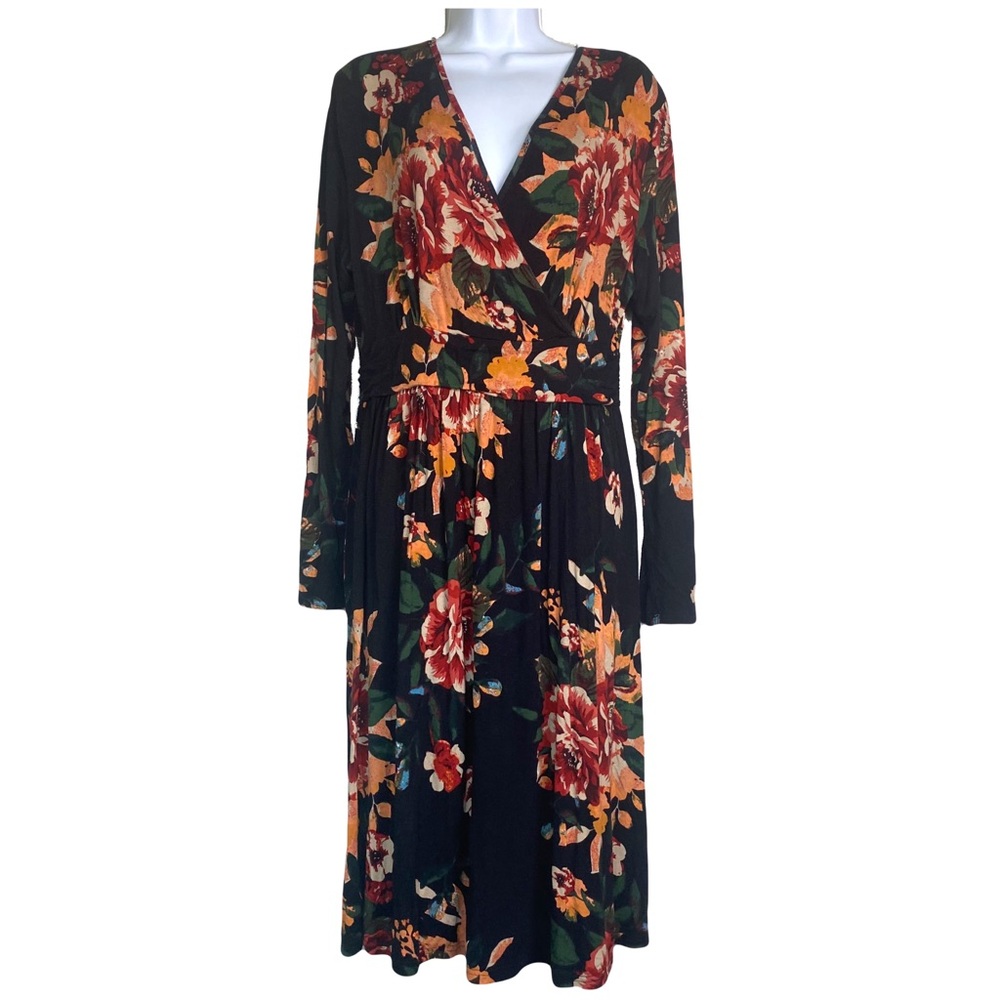 Womens XL Floral Faux Wrap Midi Knit Dress Whimsigoth Fairy Boho Office Stretch